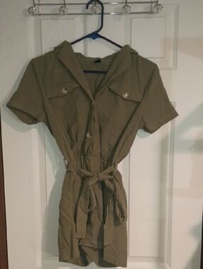 SHEIN Olive Green Short Sleeve Shirt Dress with Waist Tie